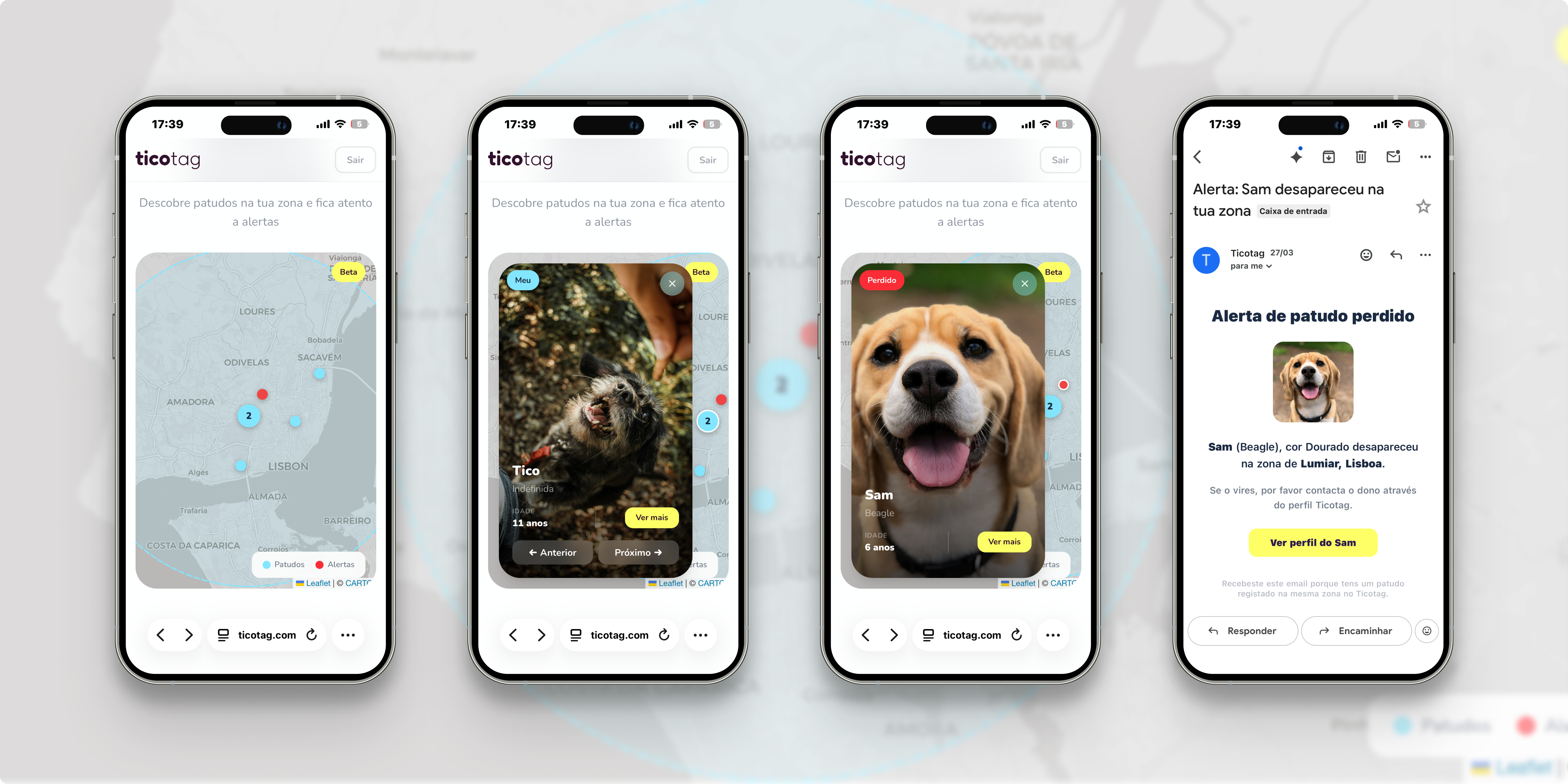 Mapa de comunidade Ticotag com alertas de animais perdidos